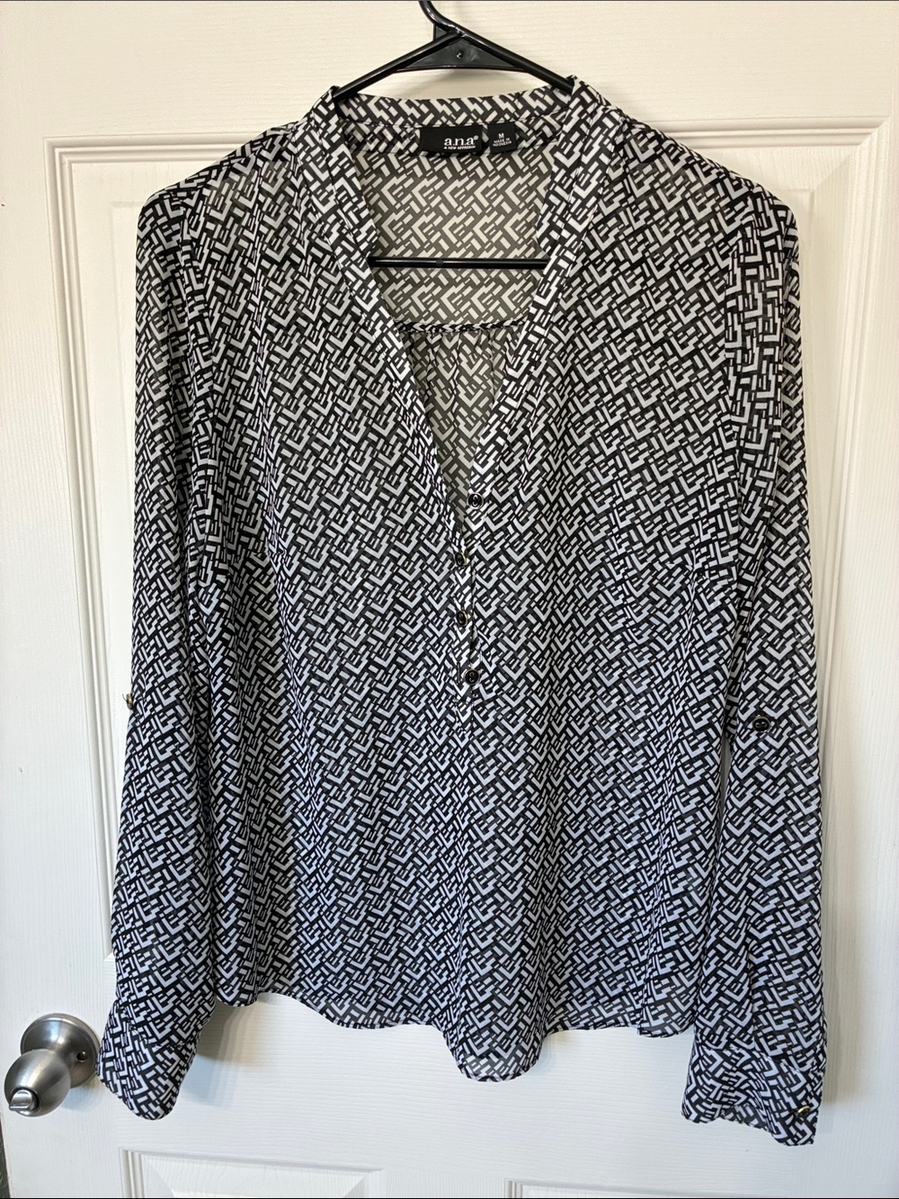 Ana Black & White Geometric Split-Neck Blouse